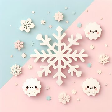 3D paper cut snowflakes with smiling happy faces and blushing rosy cheeks illustration Christmas festive imagery 4D design on pink blue background cute pastel color greetings card social media image