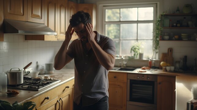 Frustrated, broken and headache overstimulated man standing in kitchen. Depression and sadness in postpartum condition. Struggle and bad thoughts for father in home. No hope and life after a big loss.