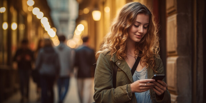 A woman is focused on her cell phone screen, completely engrossed in what she sees. This image can be used to depict modern technology usage and the impact it has on our daily lives.