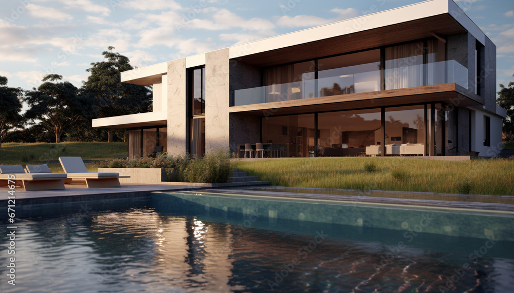 Canvas Prints luxury modern home with poolside reflection, elegant architecture and nature generated by ai