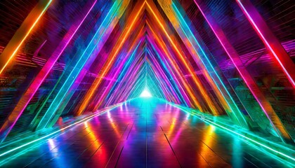Modern Cyber Electric Triangle Panoramic Tunnel Hallway, Neon Light Luminous Abstract Background