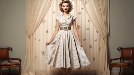 fashion model 1950s outfit, cinched waist dress, pearls, and a vintage hairstyle, copy space, 16:9