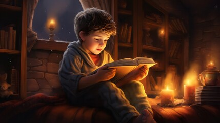 Fototapeta na wymiar young boy engrossed in his fairy tale book, digital realism, copy space, 16:9