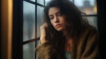 Depressed young woman with life after big loss, breakup or divorce. Mental issues with depression, PMS and sad emotions or feelings. Postpartum condition or thoughts about suicide.