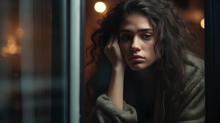 Fototapeta premium Depressed young woman with life after big loss, breakup or divorce. Mental issues with depression, PMS and sad emotions or feelings. Postpartum condition or thoughts about suicide.