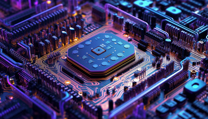 Complex computer circuit board with selective focus on electrical components generated by AI