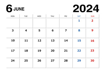 2024年6月のメモが書けるカレンダー月曜始まり - obrazy, fototapety, plakaty