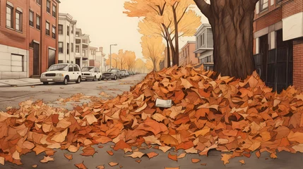 Papier Peint photo Lavable Cappuccino fall pile of leaves in illustrated drawn style  on city street block