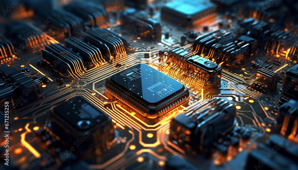 Poster complex computer chip circuit board showcases futuristic technology and engineering generated by ai