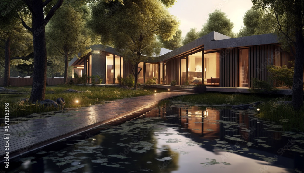 Aufkleber tranquil scene modern architecture reflects on illuminated swimming pool at dusk generated by ai