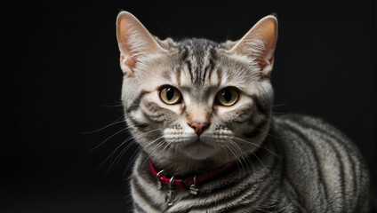 Naklejka premium American Shorthair cat isolated on a black background. Backdrop with copy space