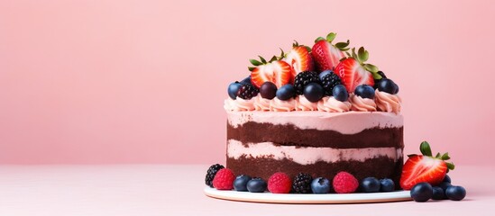 A pink background beautifully showcases a cake made with vegan chocolate sweet strawberries and...