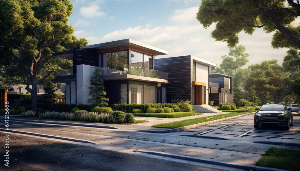 Canvas Prints luxury modern home in suburban residential district with green landscape generated by ai