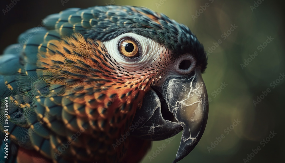 Poster close up of a vibrant hawk beak and multi colored feathers generated by ai