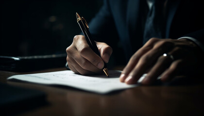 Businessman signature seals contract on paper with selective focus generated by AI