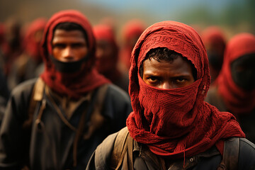 A group of male anahists, protesters, rebels, Islamists, Muslims wearing masks. Zapatistas.