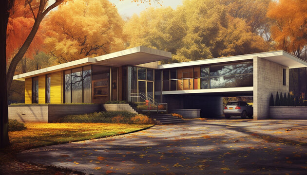 Modern architecture blends with nature in suburban autumn landscape scene generated by AI
