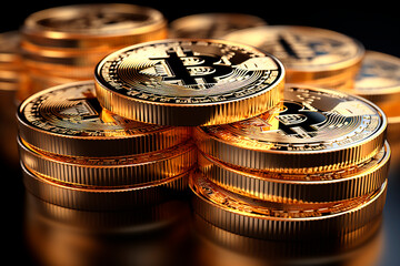 Bitcoin Crypto currency, Gold Bitcoin, BTC, close up. Bitcoin coins on black background. Blockchain technology, bitcoin mining concept. - obrazy, fototapety, plakaty