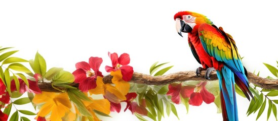 A Scarlet Macaw also known as an Ara parrot perches on a branch surrounded by lush tropical foliage The vibrant Macaw species Ara macao can be seen in an exotic jungle setting with a border