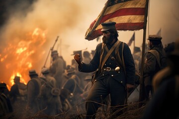 Battlefield under Fire. Reenacted Civil War Battle. Civil War battlefield concept. Atlanta Campaign - Georgia
