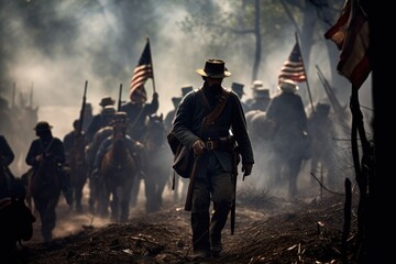 Historical Military Uniforms. Soldier Firing a Rifle. Civil War battlefield concept. Appomattox Court House - Virginia - obrazy, fototapety, plakaty
