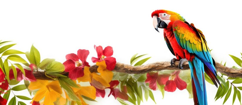 A Scarlet Macaw also known as an Ara parrot perches on a branch surrounded by lush tropical foliage The vibrant Macaw species Ara macao can be seen in an exotic jungle setting with a border