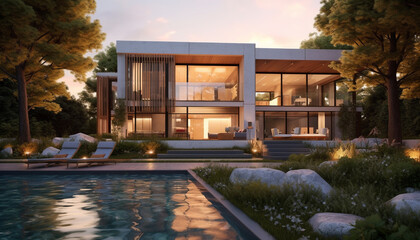 Modern luxury home with pool, nature, and relaxation at dusk generated by AI