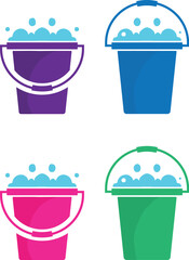 Four set Bucket with water foam soap bubbles flat icon and pail with sand objects set graphic illustrated clip-art

