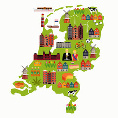 Vector illustration in cartoon style with symbols of Netherlands. Holland map with traditional showplace.