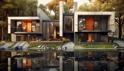 Modern architecture reflects nature beauty in luxurious cityscape homes generated by AI