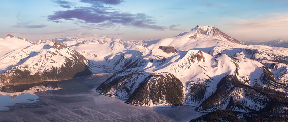 Canadian Mountain Landscape. Aerial Panoramic View. Sunny Sunset.