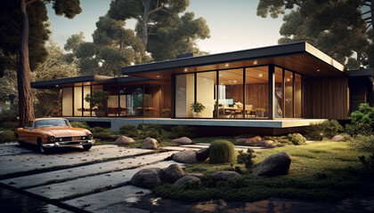 Fototapeta premium Luxury car parked in modern architecture with elegant landscape design generated by AI