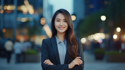 Obraz premium Young happy pretty smiling professional business asian woman, happy confident positive female entrepreneur standing outdoor on street arms crossed, looking at camera generative ai