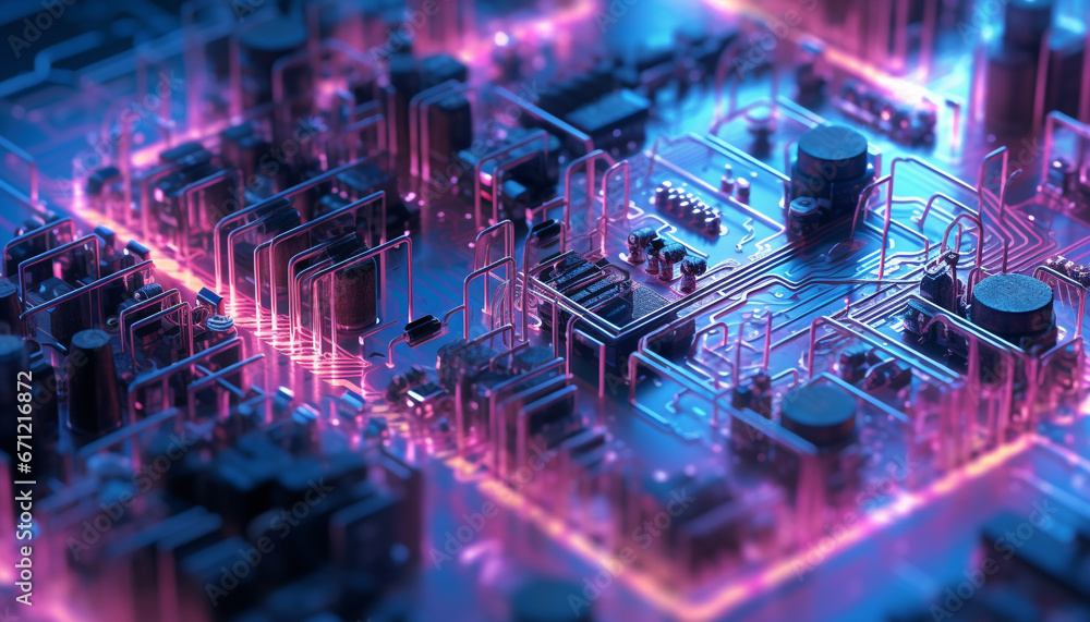 Poster futuristic computer chip glows with electricity, part of complex circuit board generated by ai