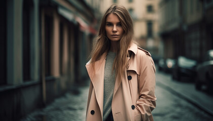 Fototapeta premium A young, confident businesswoman walking outdoors in warm, modern clothing generated by AI