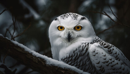 Snowy owl perching on branch, staring at camera with focus generated by AI