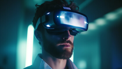 The young businessman wearing smart glasses watched the digitally generated image generated by AI