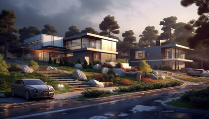 Modern cityscape at dusk with illuminated skyscrapers and palm trees generated by AI