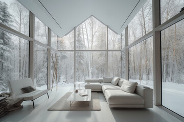 Modern living room with white furniture with glass walls. 3D rendering of an image. Large, panoramic windows overlook nature to admire the winter forest.