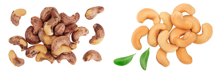 cashew nuts heap with shell isolated on white background. Top view. Flat lay