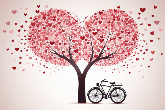 A pink tree in the shape of a heart and a bicycle standing next to it, leaves falling from hearts, for Valentine's Day