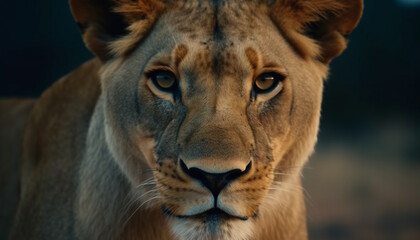 Naklejka premium Majestic lioness stares at camera, endangered beauty in nature wilderness generated by AI