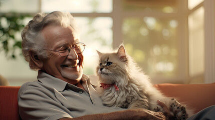 An old man with his cat