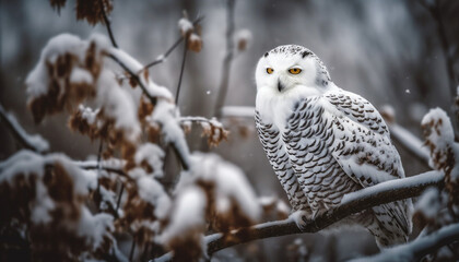The snowy owl perching on a branch, looking at camera generated by AI