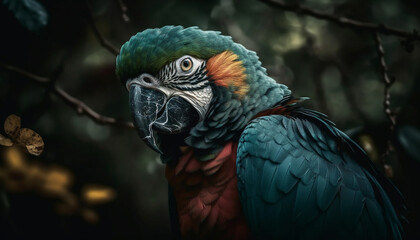 Vibrant gold and blue macaw perching on branch, looking cute generated by AI