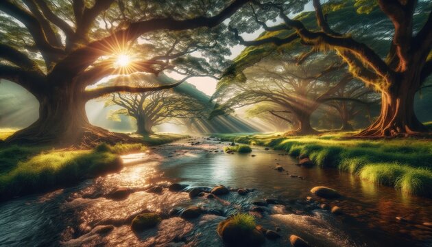 peaceful river weaving through a lush field. Ancient trees line the sides, their branches offering shade. 