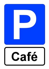 Illustration eines blauen Parkplatzschildes mit der Aufschrift "Caf&eacute;"