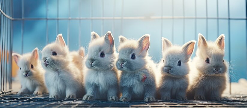 A blue cage held a cluster of rabbits above it captured in a soft focus shot with a background that appeared blurry