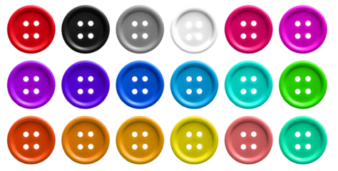 Colourful plastic clothes plastic sewing button on transparent background cutout, PNG file. Many assorted different colours. Mockup template for artwork graphic design. 3D mock