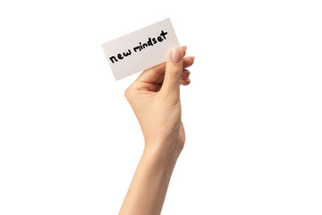 New mindset - new result  text on a card in a woman hand.